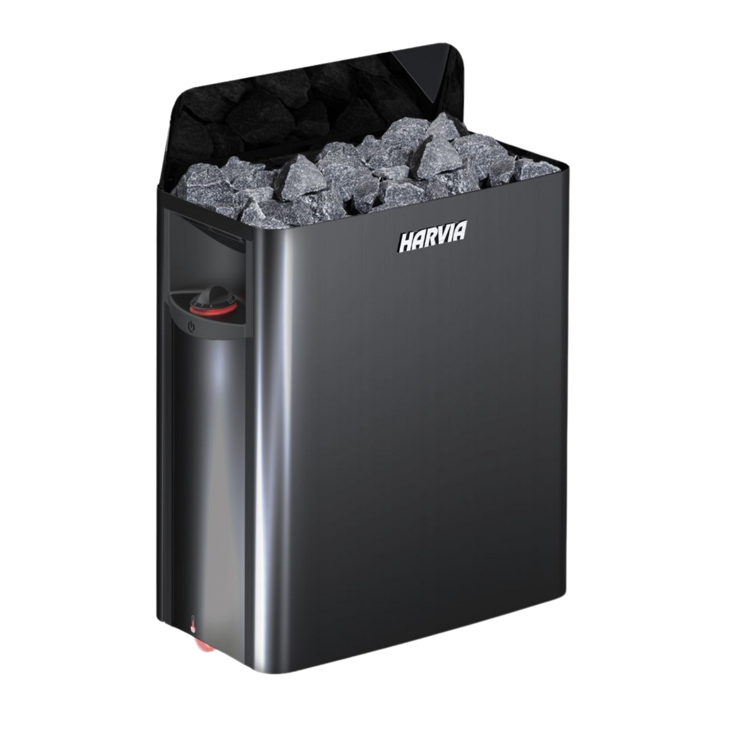 A sleek sauna heater with dark gray stones on top, featuring a modern metallic finish and control dial, emanating a functional yet elegant look.
