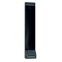 Tall, sleek, dark tower speaker against a black background, featuring dotted patterns on the front, and a modern, minimalist design.