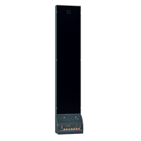Tall, sleek, dark tower speaker against a black background, featuring dotted patterns on the front, and a modern, minimalist design.