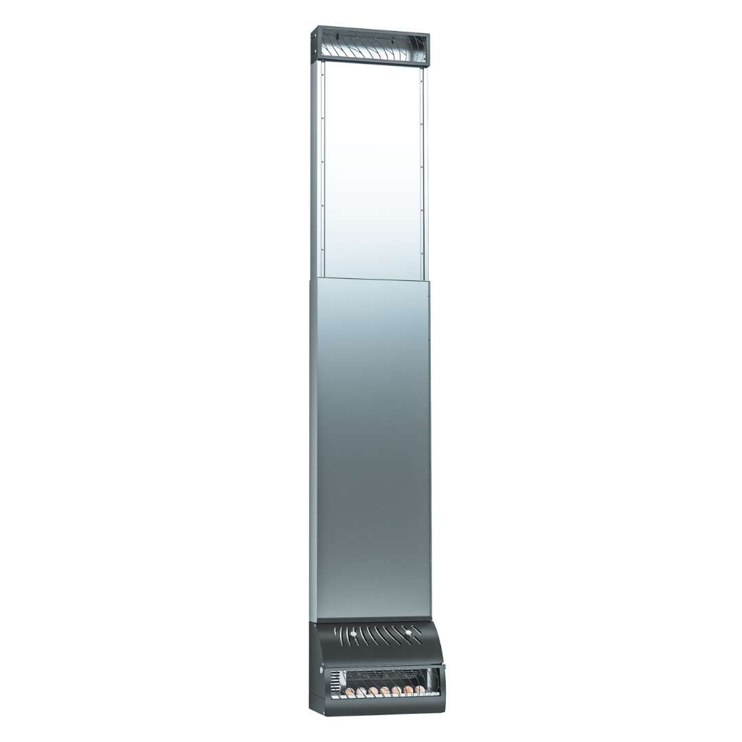 Tall metallic vending machine with a reflective surface, standing against a black background. It dispenses cigarettes, visible through a clear front panel.