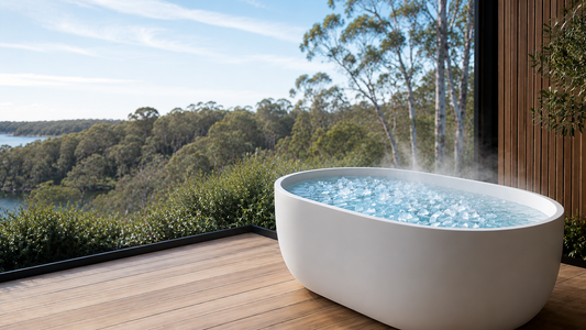Premium freestanding ice bath filled with ice and cold water on a timber deck overlooking Australian bushland