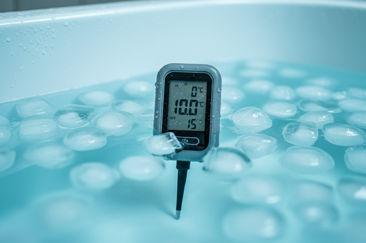 Digital thermometer in clear ice water reading between 10 and 15 degrees Celsius