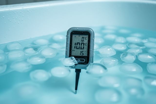Digital thermometer in clear ice water reading between 10 and 15 degrees Celsius
