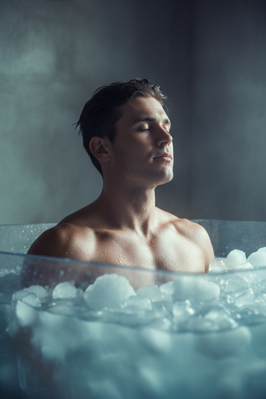 Person submerged to the chest in an ice bath with a calm, focused expression