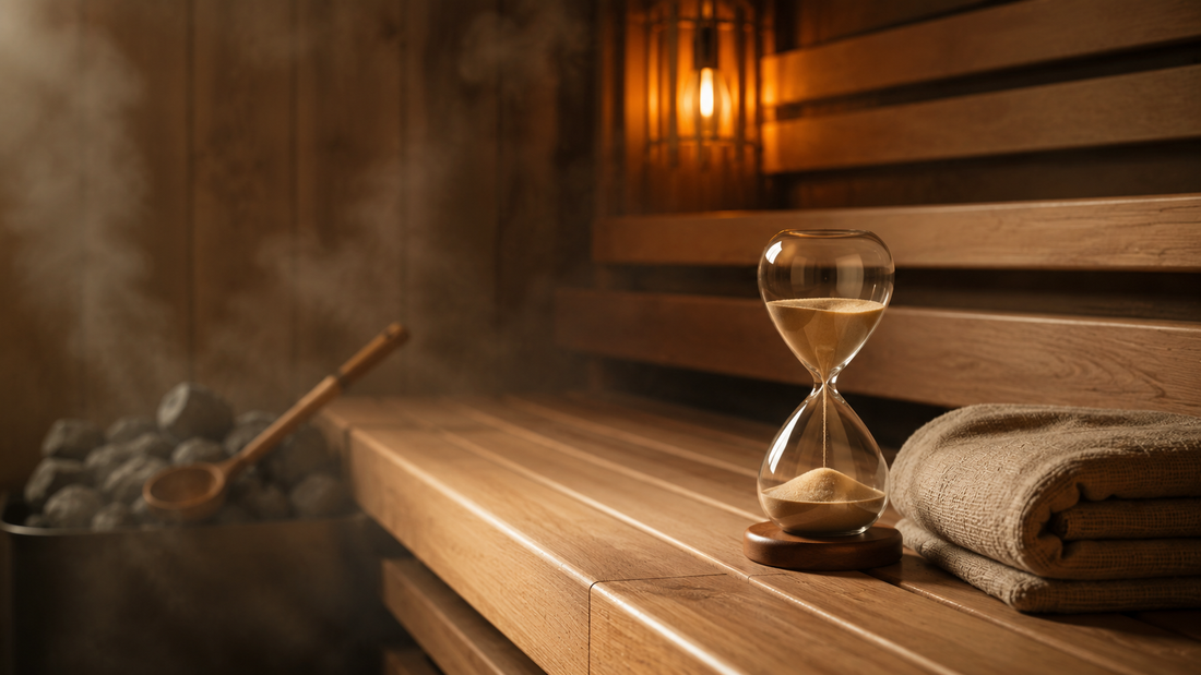 Warm cedar sauna interior with an hourglass sand timer and folded towel on the bench, representing sauna session duration