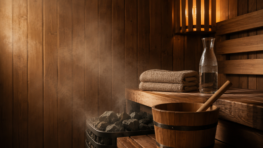 Calm cedar sauna interior with folded towels, a glass water carafe and a wooden bucket and ladle, representing a considered sauna routine