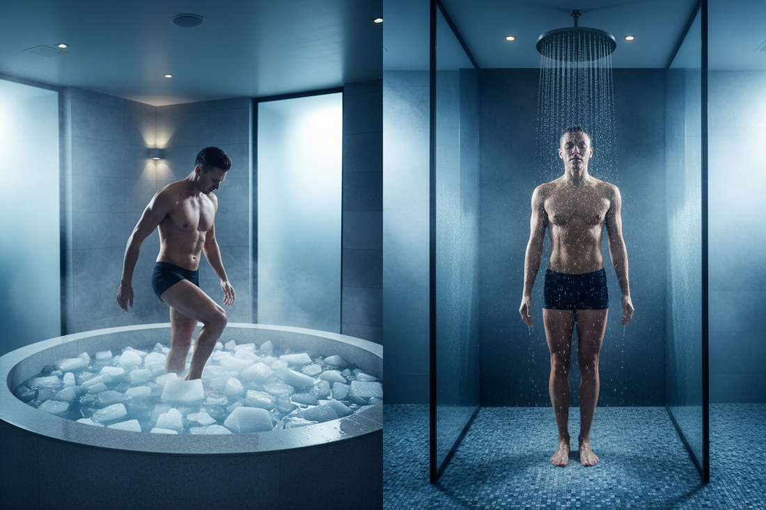Split image comparing a person entering an ice bath and a person taking a cold shower