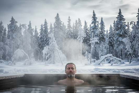 Person neck-deep in an outdoor cold plunge surrounded by snow and frost