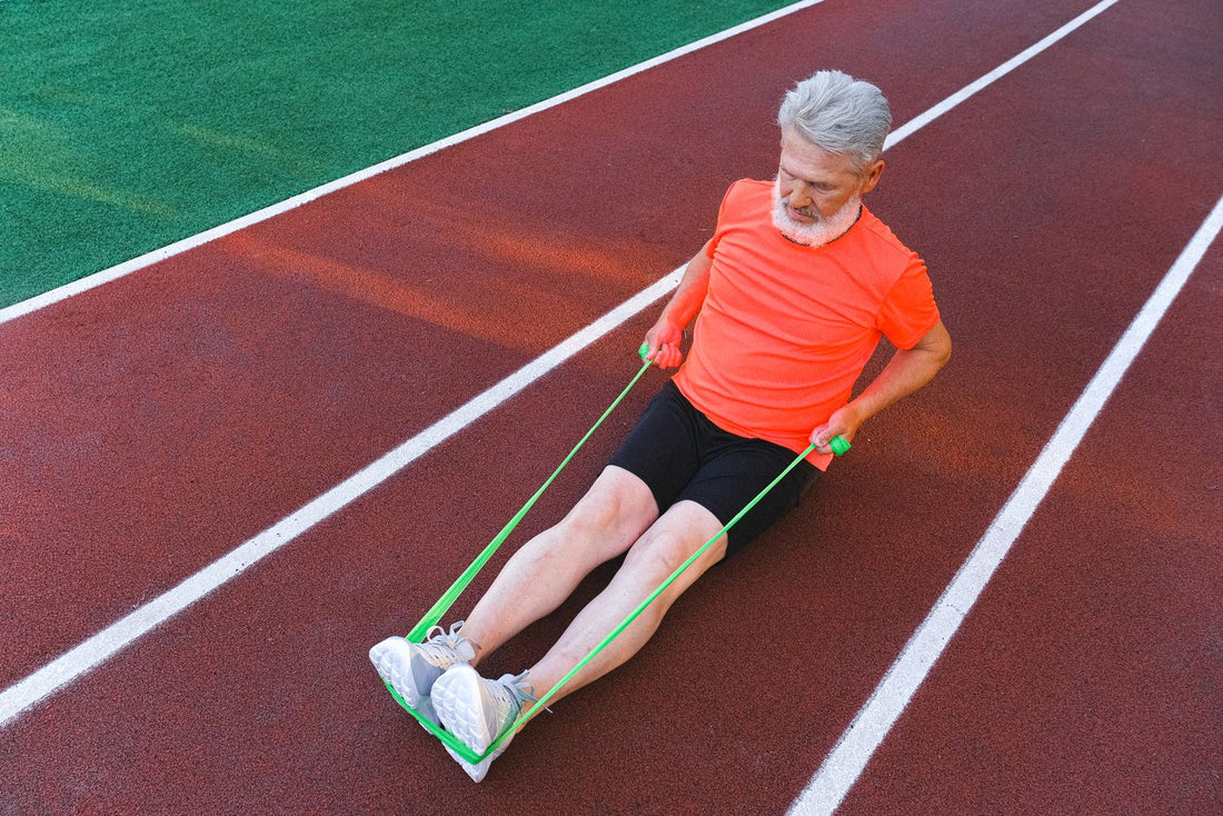 Active older adult stretching, representing healthy ageing and sauna longevity.