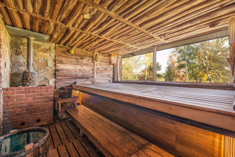 Warm rustic sauna interior, a calming space to unwind after a stressful day.