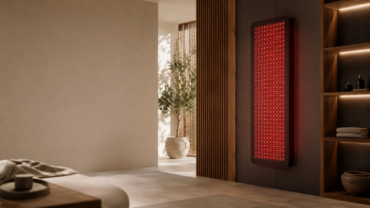 Premium red light therapy panel mounted on a timber and charcoal wall in a calm, minimal home wellness studio