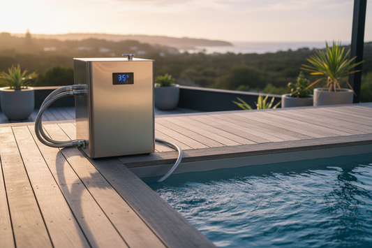 Premium ice bath chiller unit with a digital temperature display connected to a cold plunge