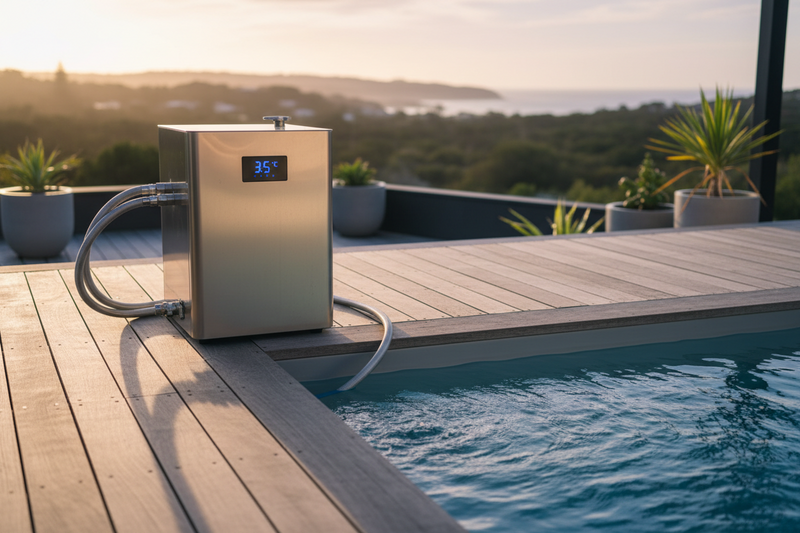 Premium ice bath chiller unit with a digital temperature display connected to a cold plunge