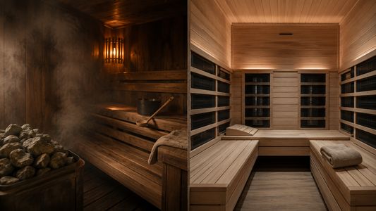 Split image comparing a traditional Finnish sauna interior with stones and steam to a modern infrared sauna interior with carbon panels