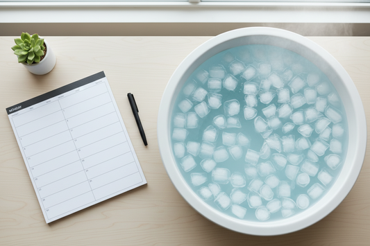 Weekly planner beside an ice-filled cold plunge tub, illustrating ice bath frequency