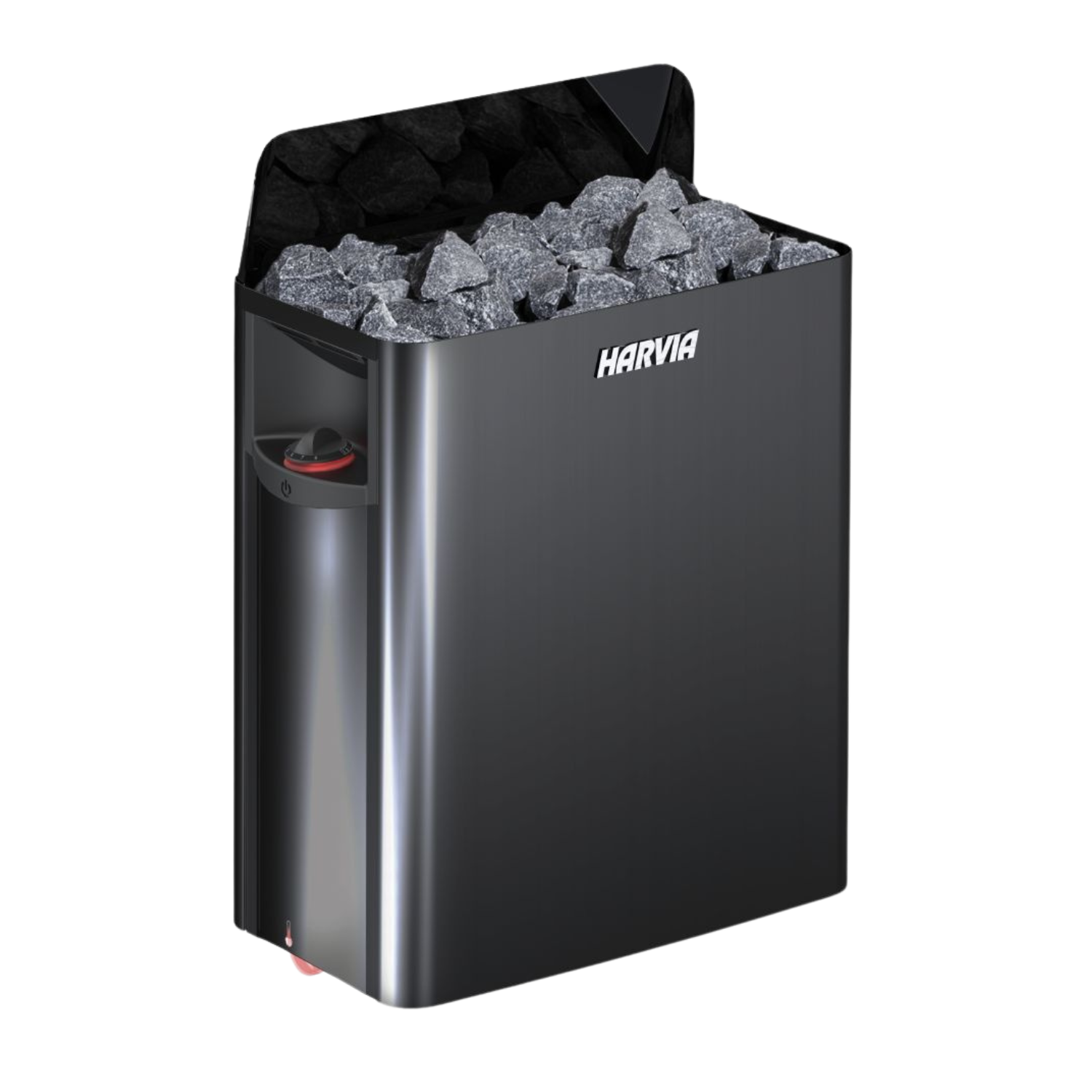 A sleek sauna heater with dark gray stones on top, featuring a modern metallic finish and control dial, emanating a functional yet elegant look.