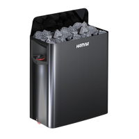 A sleek sauna heater with dark gray stones on top, featuring a modern metallic finish and control dial, emanating a functional yet elegant look.