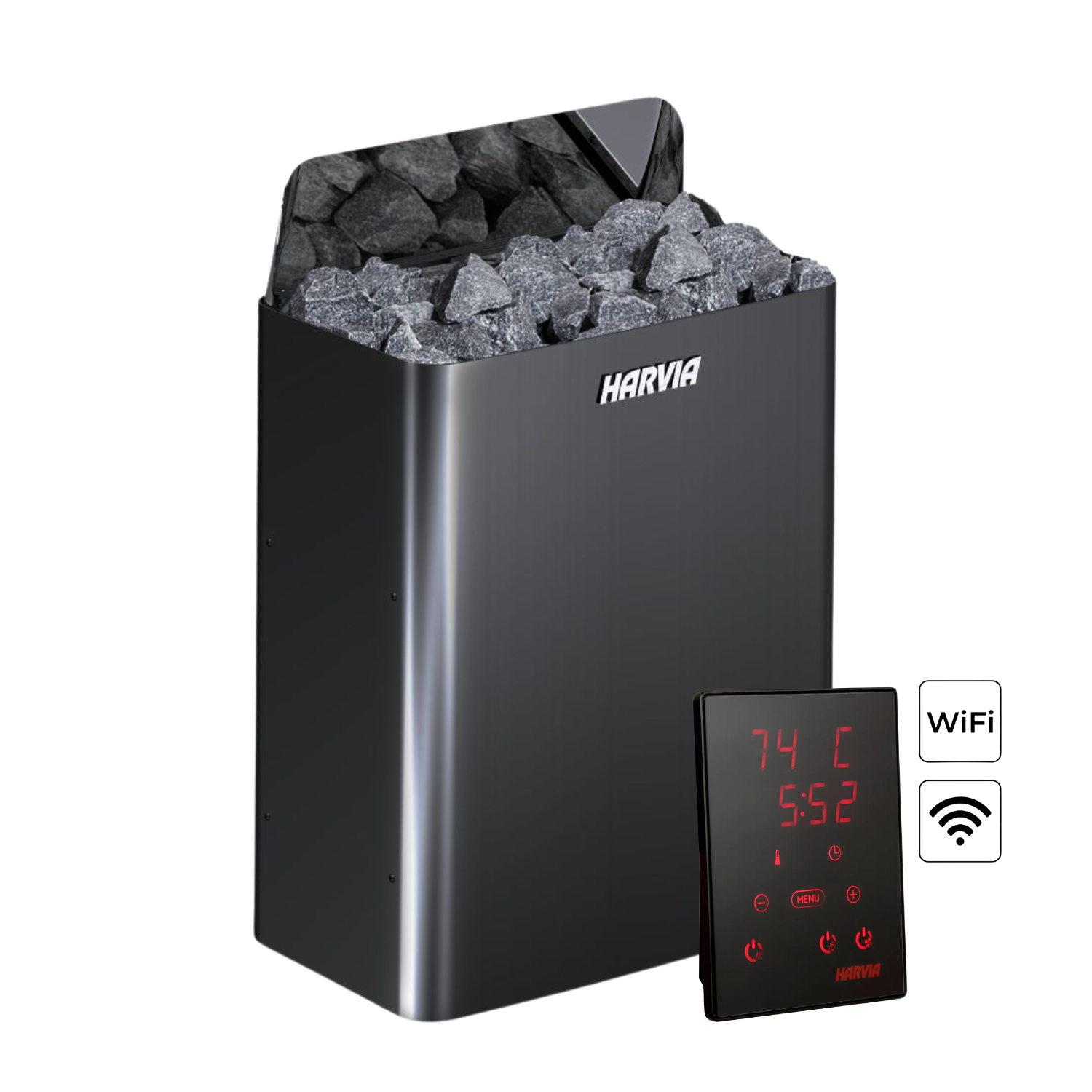 A sleek sauna heater filled with gray stones and branded "Harvia." A digital control panel displays 74°C and 5:52, set against a black background.