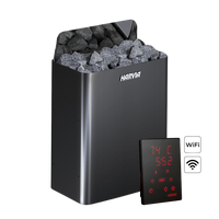 A sleek sauna heater filled with gray stones and branded "Harvia." A digital control panel displays 74°C and 5:52, set against a black background.