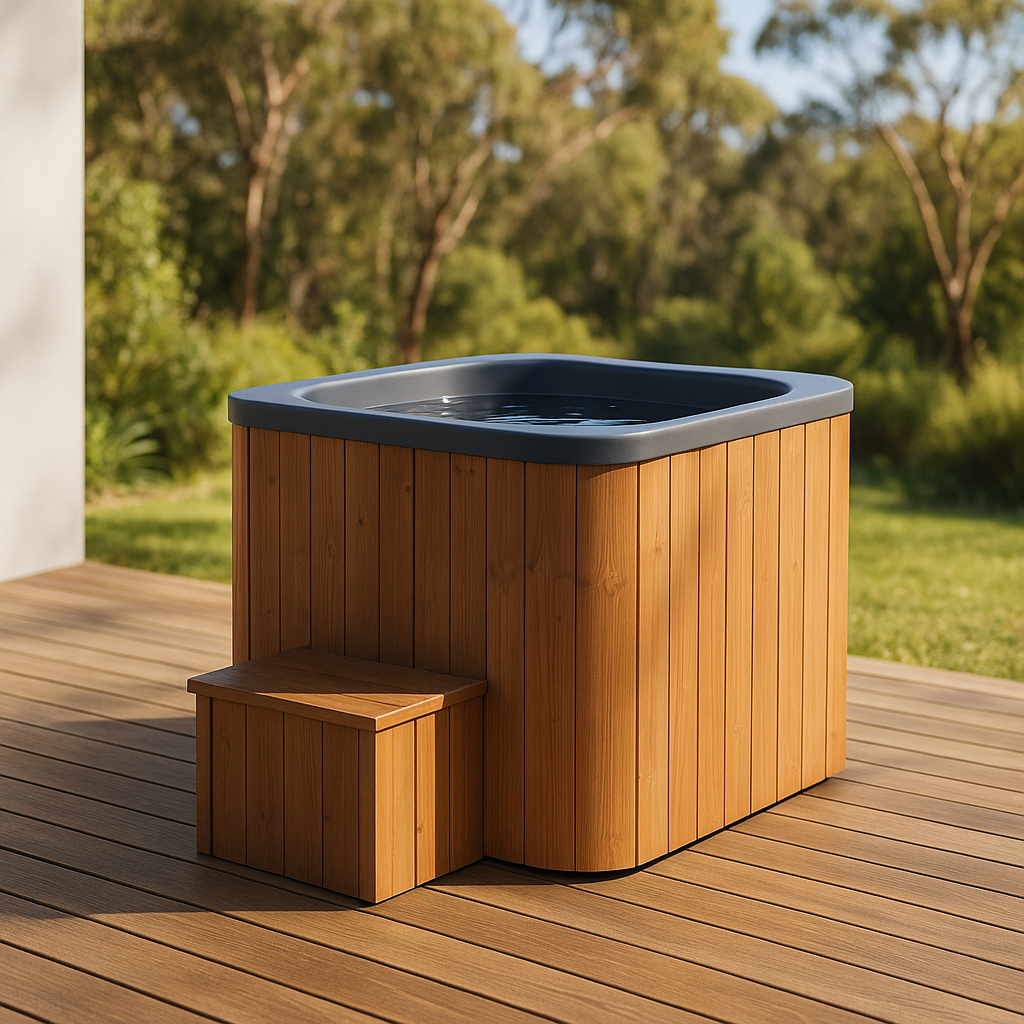 Ice Bath Icon thermowood cold plunge on a deck in an Australian backyard