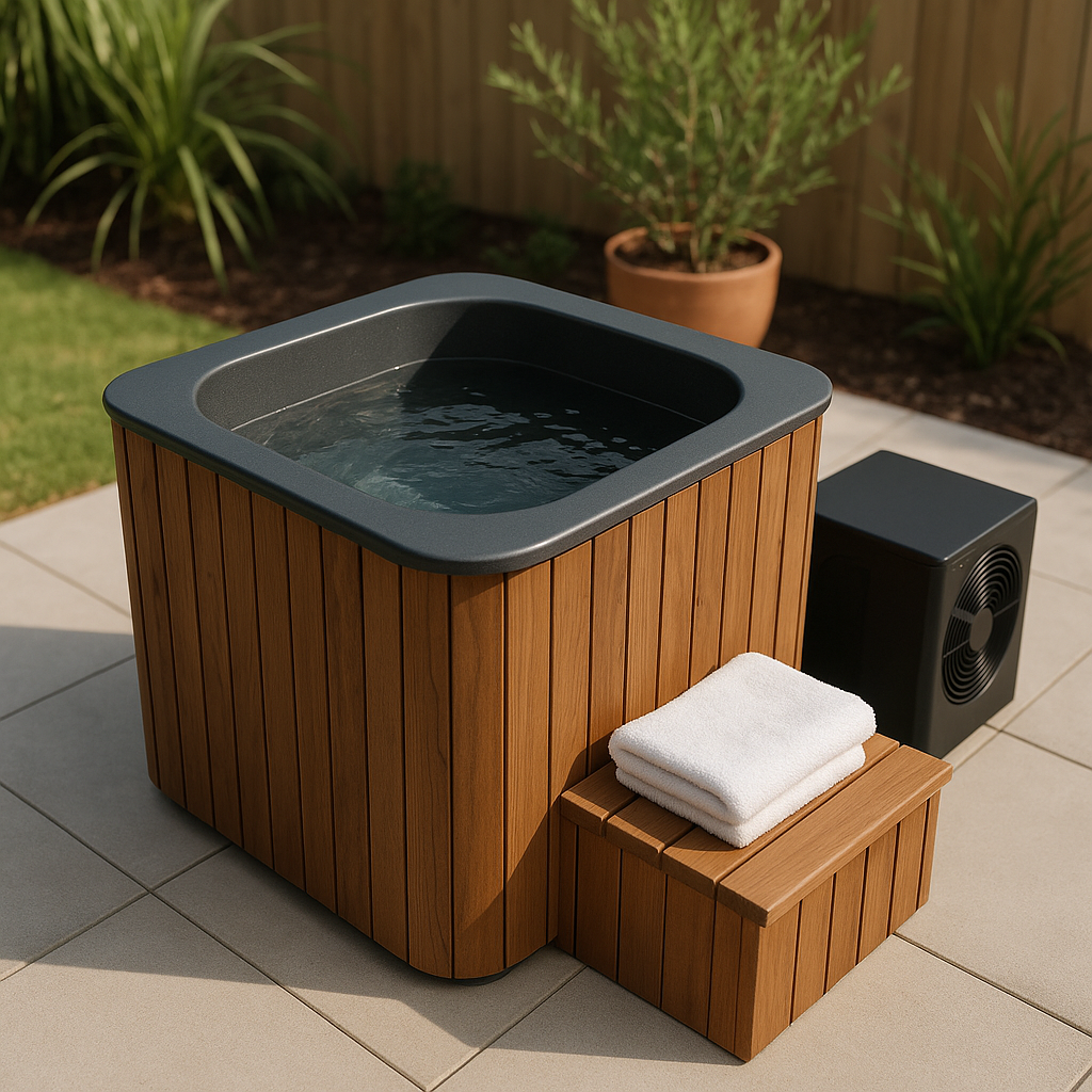 Ice Bath Icon Complete System with chiller unit on a modern patio