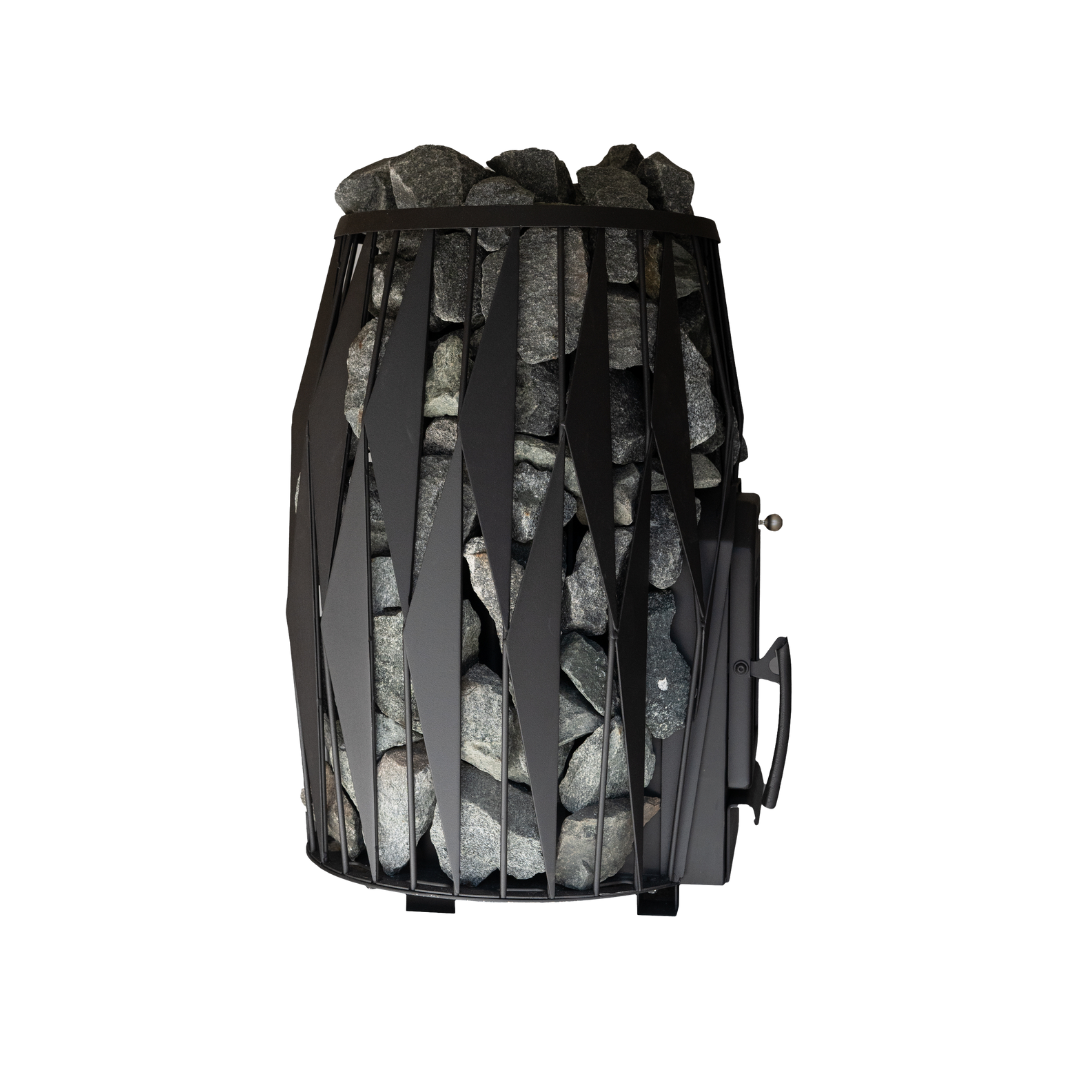 Black metal fire pit with stones on a white background