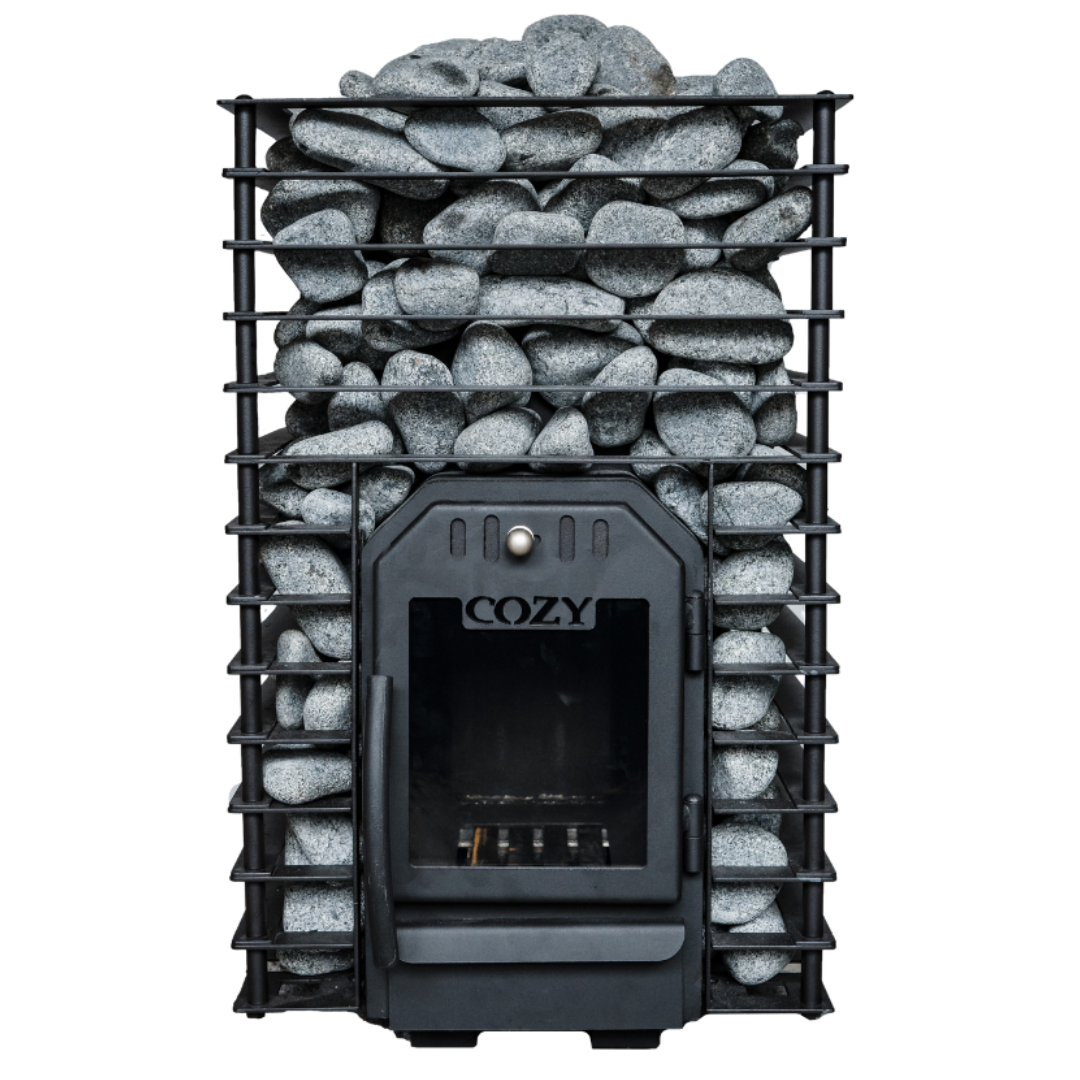 Black Cozy fireplace model Quattro with stacked stones on a white background