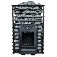 Black Cozy fireplace model Quattro with stacked stones on a white background