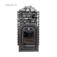 Black fireplace with stacked stones on a white background, featuring the brand 'Cozy'.