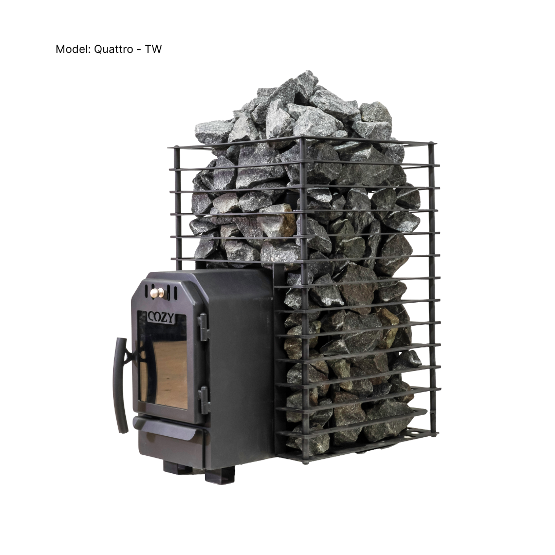Wood-burning stove with stone holder on a white background