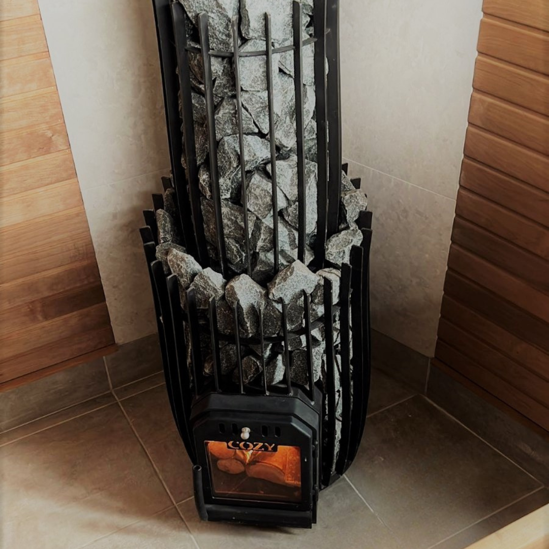 Portable fireplace with stone design on a tiled floor