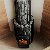 Portable fireplace with stone design on a tiled floor