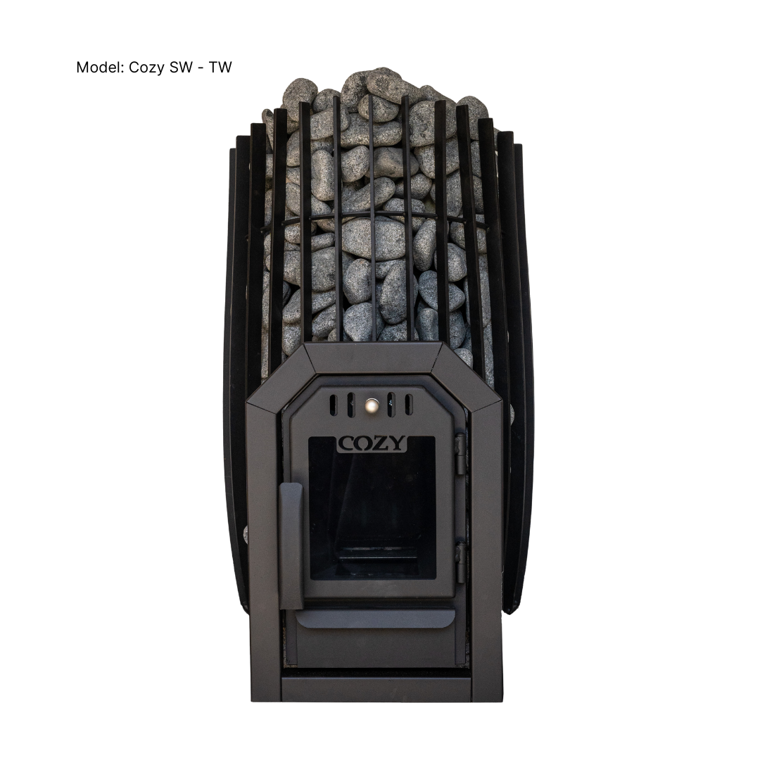 Black and gray portable stove with 'Cozy' branding on a white background