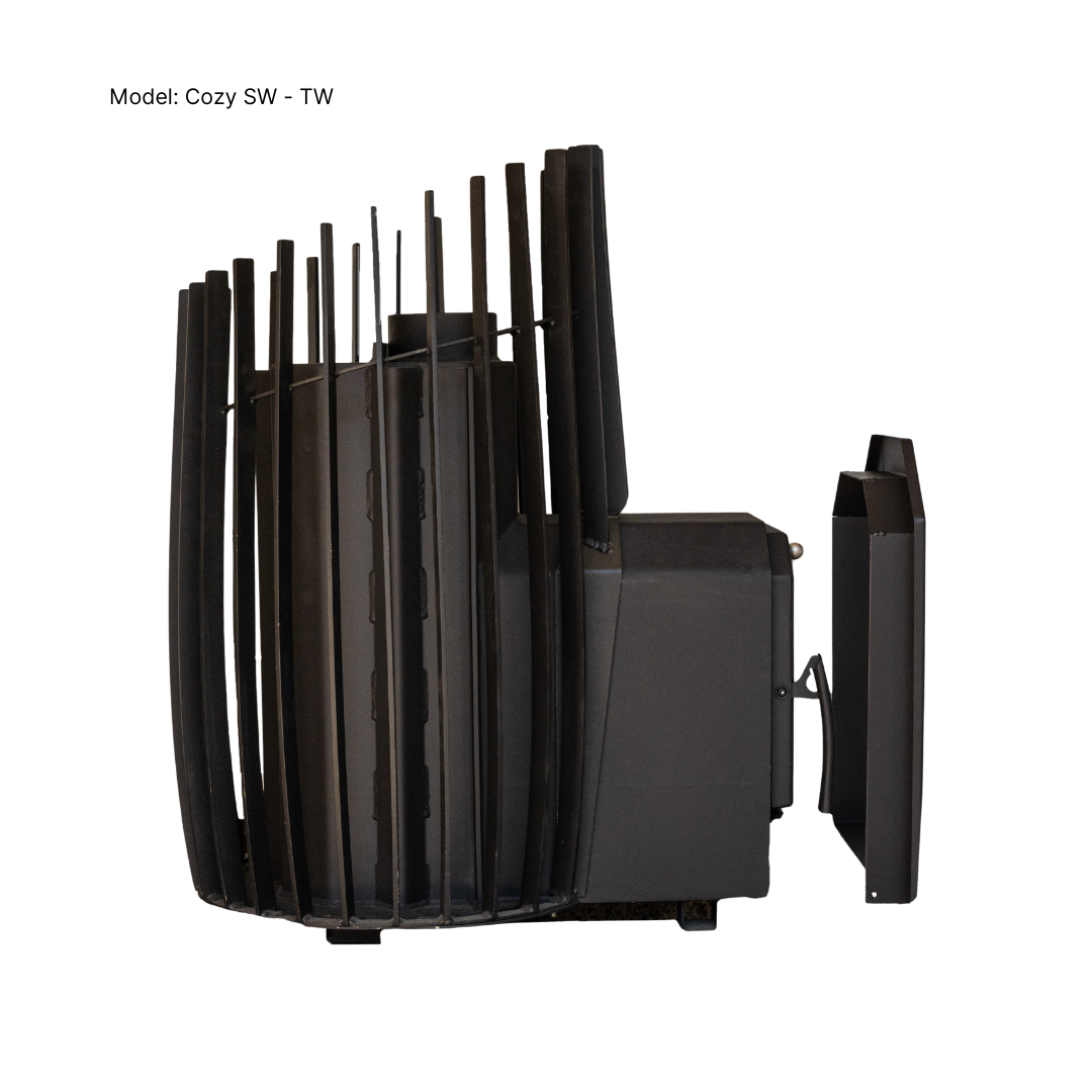 Black outdoor heater with multiple nozzles on a white background