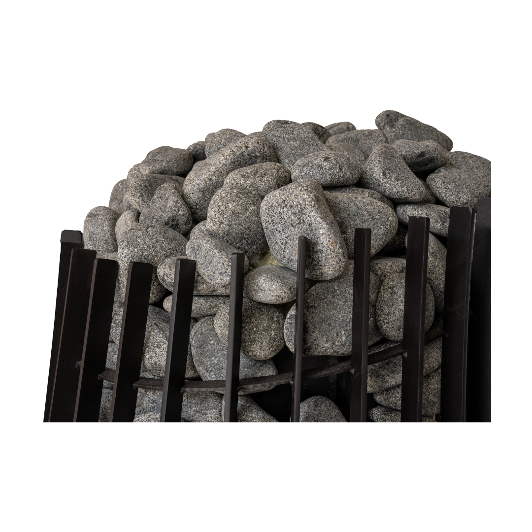 Stack of gray stones in a black metal grate on a white background