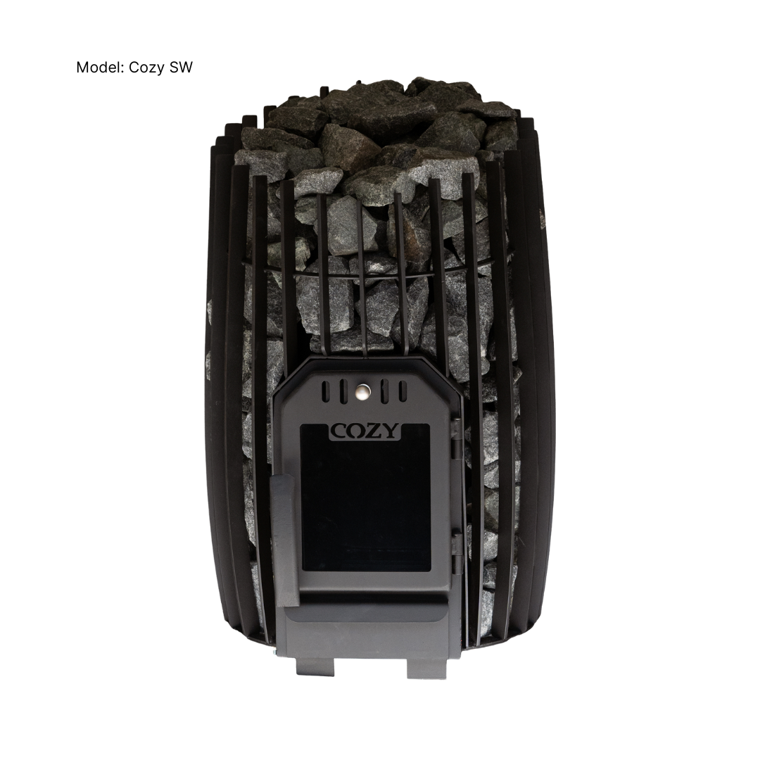 Black and gray COZY outdoor stove with stones on a white background