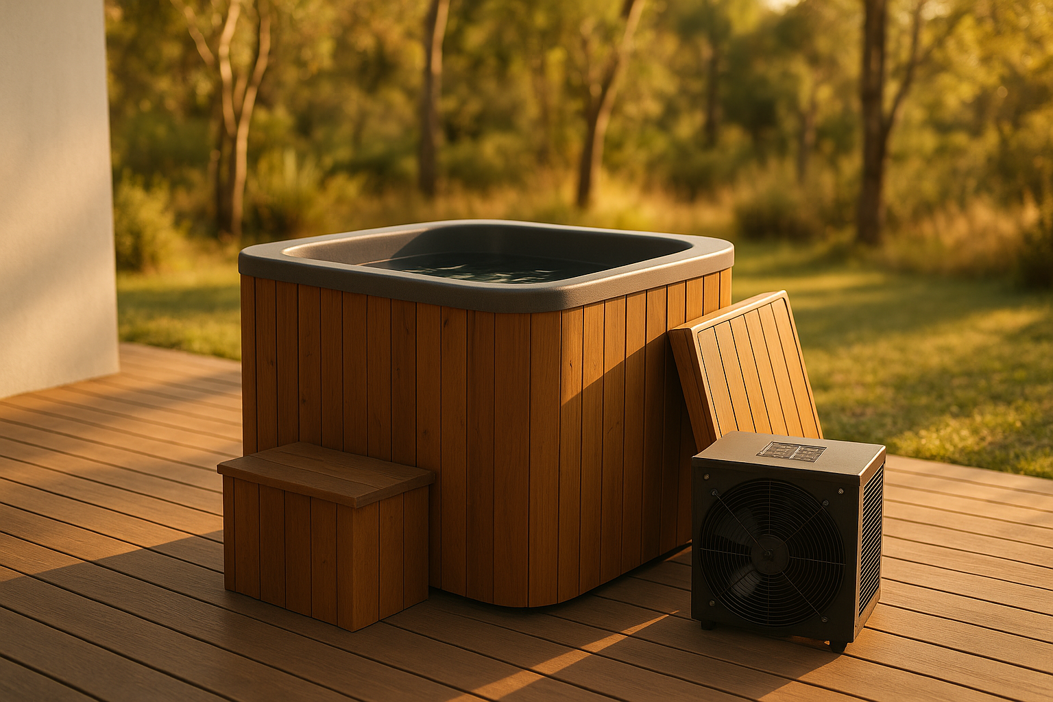 Ice Bath Icon thermowood cold plunge with chiller on a timber deck at golden hour