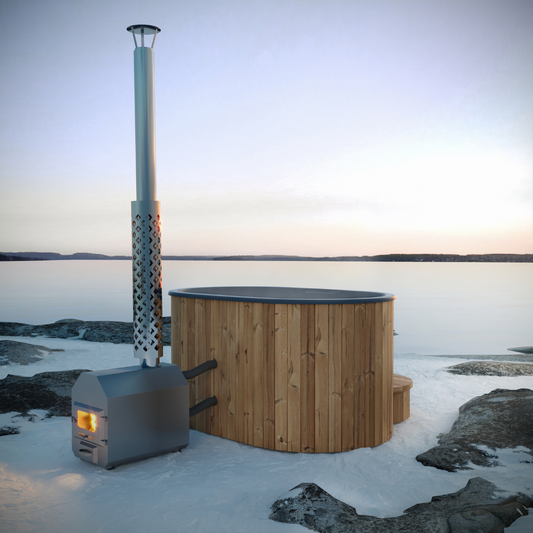 A wood-fired hot tub made of Thermowood, designed for two people, situated outdoors with a visible drainage system and a chimney.