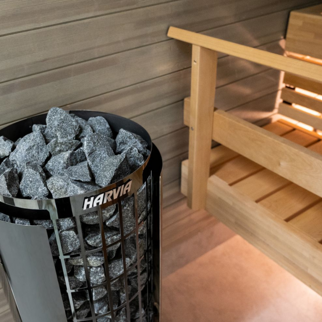 Harvia sauna stone container in a wooden sauna setting