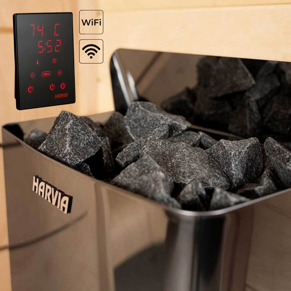 Harvia sauna with digital temperature control panel displaying 74°C and time 5:52, surrounded by black stones.