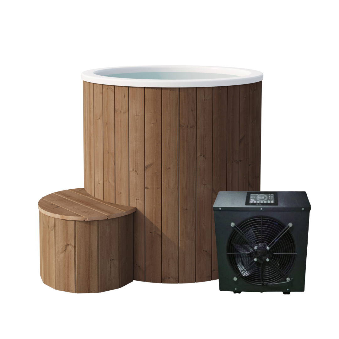 Compact single-person ice bath installation on an outdoor wooden deck, featuring a brown wooden exterior, a white insulated top, and including a black high-performance chiller.