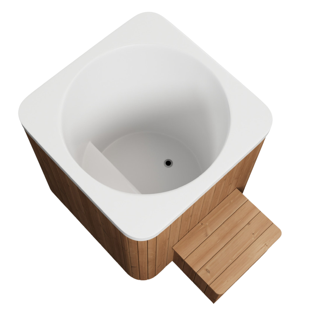 Top view of a modern, square wooden hot tub with a white interior and a small wooden step. The simple, sleek design conveys a sense of tranquility.