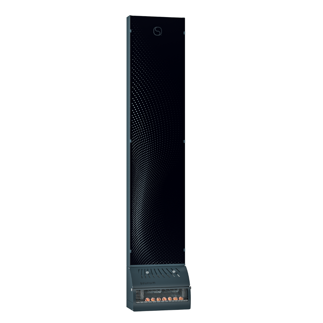 Tall, sleek, dark tower speaker against a black background, featuring dotted patterns on the front, and a modern, minimalist design.