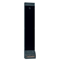 Tall, sleek, dark tower speaker against a black background, featuring dotted patterns on the front, and a modern, minimalist design.