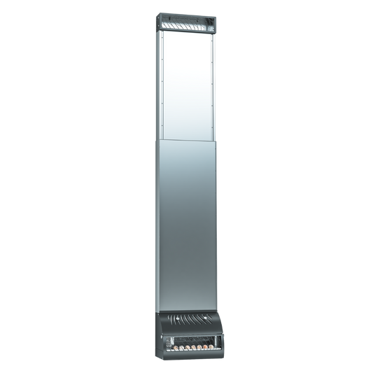 Tall metallic vending machine with a reflective surface, standing against a black background. It dispenses cigarettes, visible through a clear front panel.